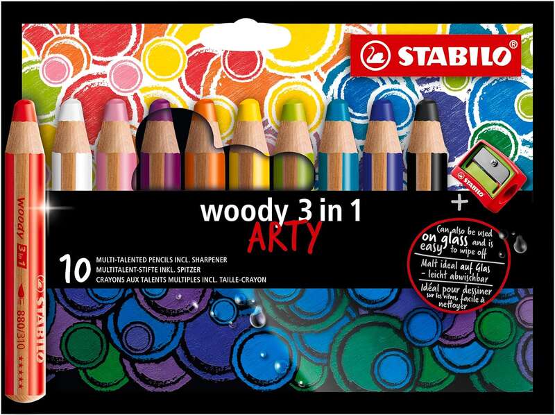Stabilo Woody 3 en 1 Arty Pack de 10 Lapices de Colores + Sacapuntas - Lapiz de Color, Cera y Acuarela, Todo en Uno - Mina XXL 1