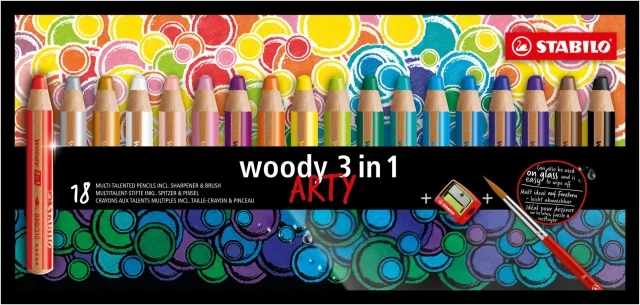 Stabilo Woody 3 en 1 Arty Pack de 18 Lapices de Colores + Sacapuntas + Pincel - Lapiz de Color, Cera y Acuarela, Todo en Uno - Mina XXL 10mm - Colores Surtidos