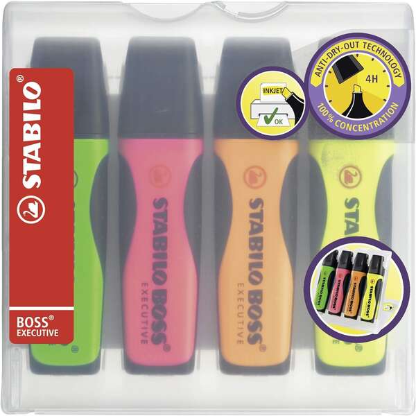 Stabilo Boss Executive Pack de 4 Marcadores Fluorescentes - Zona de Agarre - Trazo entre 2 y 5mm - Recargable - Tinta con Base de Agua - Colores Surtidos