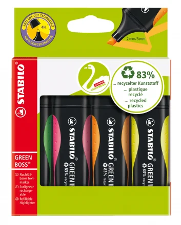 Stabilo Green Boss Pack de 4 Marcadores Fluorescentes - Fabricado con un 83% de Plastico Reciclado - Trazo entre 2 y 5mm - Recargable - Colores Surtidos