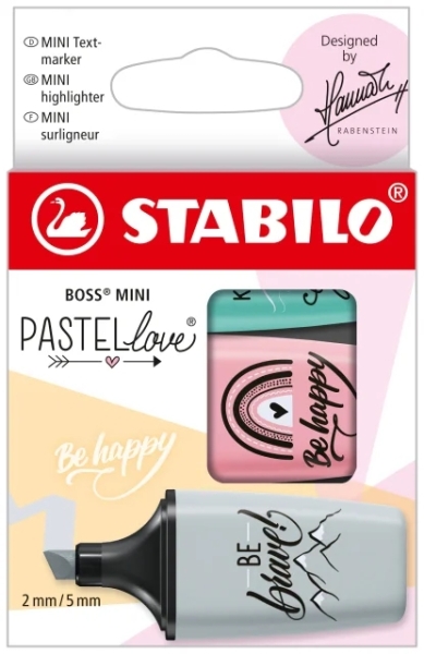Stabilo Boss Mini Pastellove Pack de 3 Marcadores Fluorescentes - Trazo entre 2 y 5mm - Tinta con Base de Agua - Antisecado - Colores Rosa, Turquesa y Gris