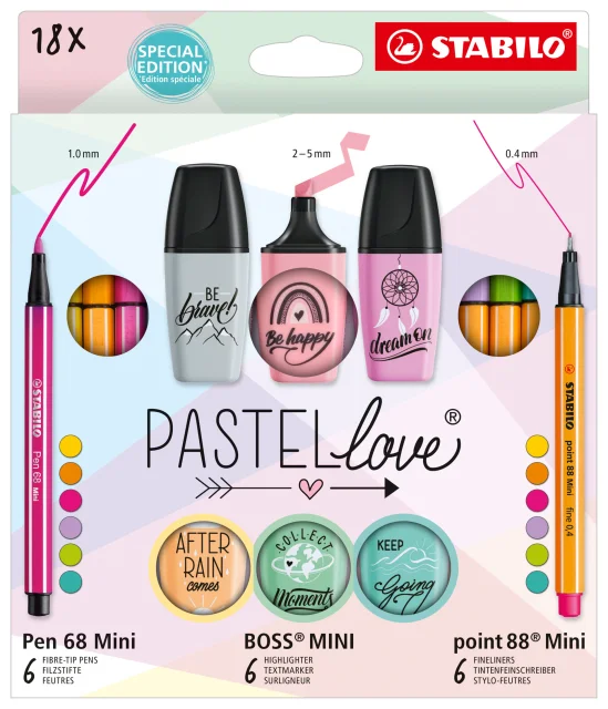 Stabilo Pastellove Pack de 18 Marcadores y Rotuladores - 6 Rotuladores Premium Pen 68 Mini, 6 Rotuladores Point 88 Mini y 6 Rotuladores Fluorescentes BOSS MINI Pastellove - Colores Surtidos