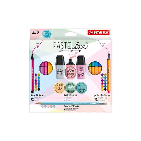 Stabilo Pastellove Pack de 35 Marcadores y Rotuladores - 12 Rotuladores Premium Pen 68 Mini, 12 Rotuladores Point 88 Mini, 6 Rotuladores Fluorescentes BOSS MINI Pastellove y 5 Lapices de Grafito Swano Pastel - Colores Surtidos