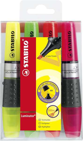 Stabilo Iluminator Pack de 4 Marcadores Fluorescentes - Mayor Suministro de Tinta - Zona de Agarre - Trazo entre 2 y 5mm - Colores Verde, Amarillo, Rosa y Naranja