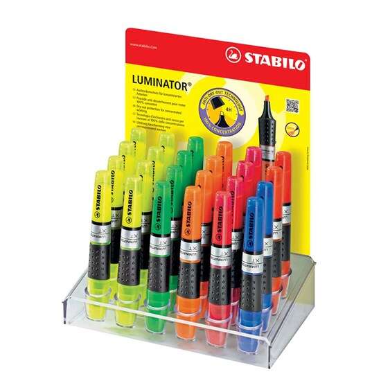 Stabilo Iluminator Expositor de 24 Marcadores Fluorescentes - Mayor Suministro de Tinta - Zona de Agarre - Trazo entre 2 y 5mm - Colores Verde, Amarillo, Rosa, Azul, Rojo y Naranja