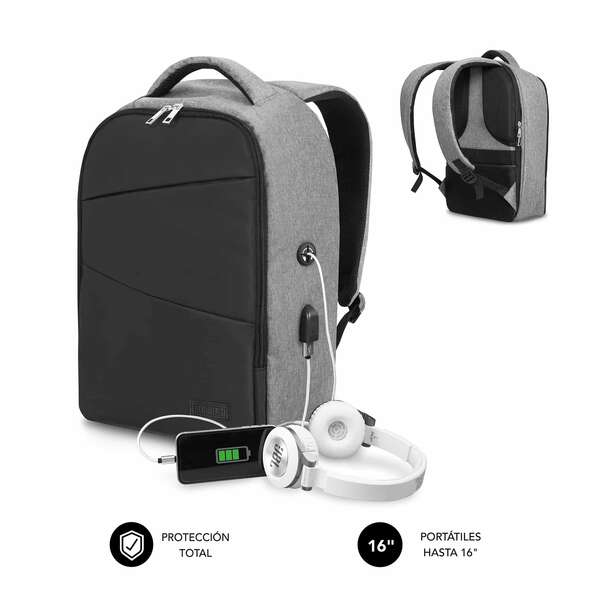 Subblim Mochila Antirrobo para Portatiles 15,6" - Departamento Independiente - Espacio Acolchado - Air Padding - Doble Cremallera - Color Negro/Gris