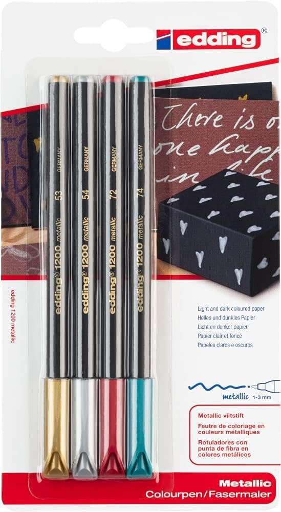 Edding 1200 Metallic Pack de 4 Rotuladores - Punta Redonda - Trazo 1mm - Tinta con Base de Agua - Colores Oro, Plata, Rojo y Verde Metalizados