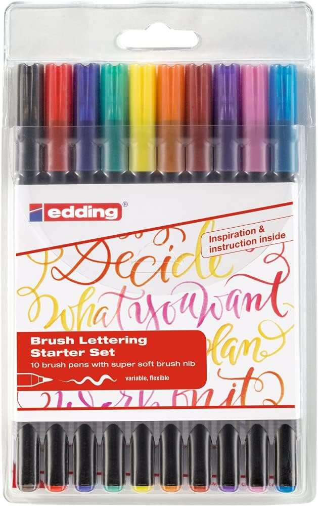 Edding 1340 Brush Pack de 10 Rotuladores - Punta Pincel Flexible - Trazo 1-3mm - Tinta con Base de Agua - Colores Surtidos