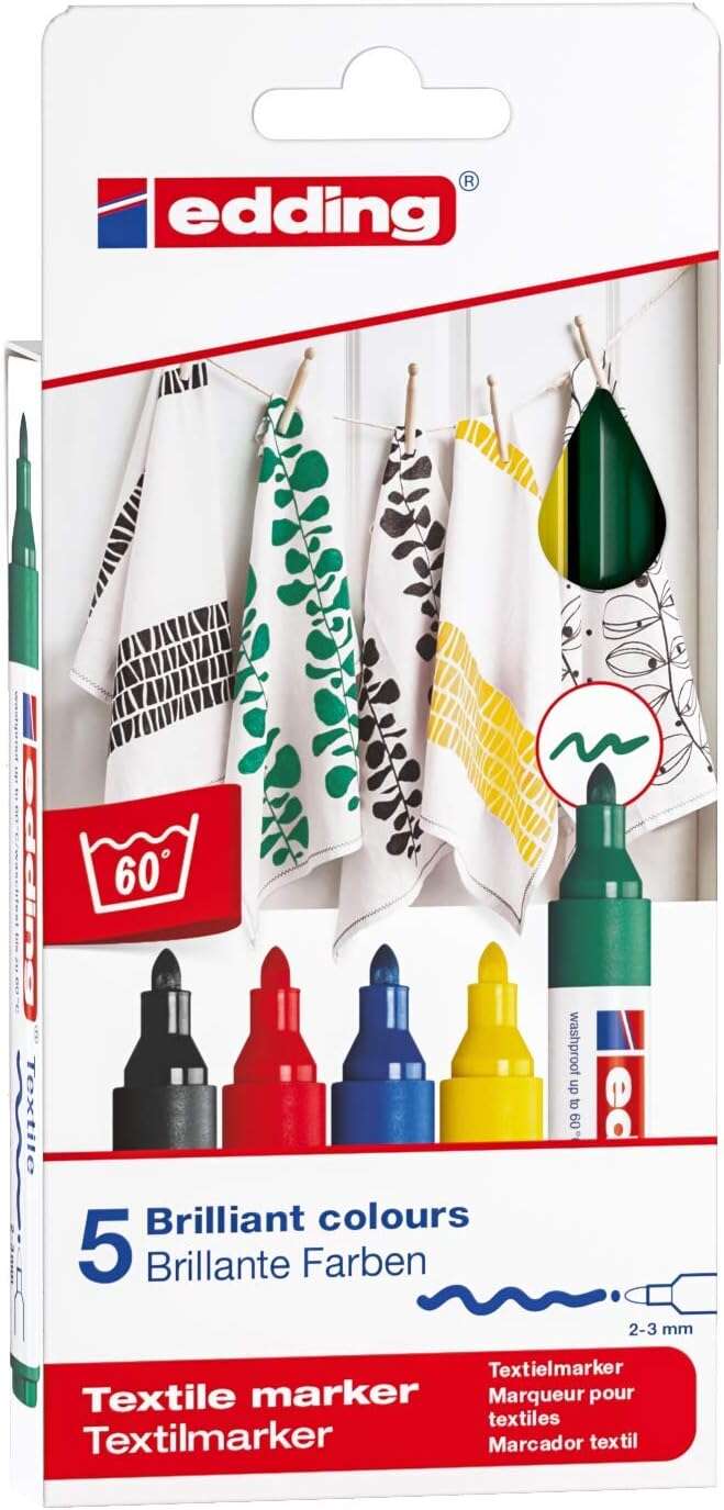 Edding 4500 Basicos Pack de 5 Rotuladores Permanentes para Textil - Punta Redonda - Trazo 2-3mm - Olor Neutro - Secado Rapido - Colores Negro, Verde, Amarillo, Rojo y Azul