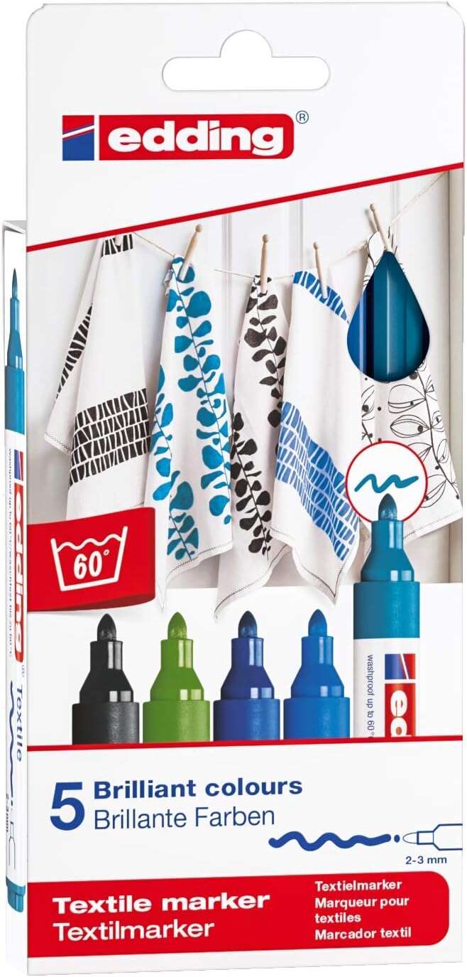 Edding 4500 Colores Frios Pack de 5 Rotuladores Permanentes para Textil - Punta Redonda - Trazo 2-3mm - Olor Neutro - Secado Rapido - Colores Negro, Azul, Azul Claro, Azul Oriental y Verde Claro