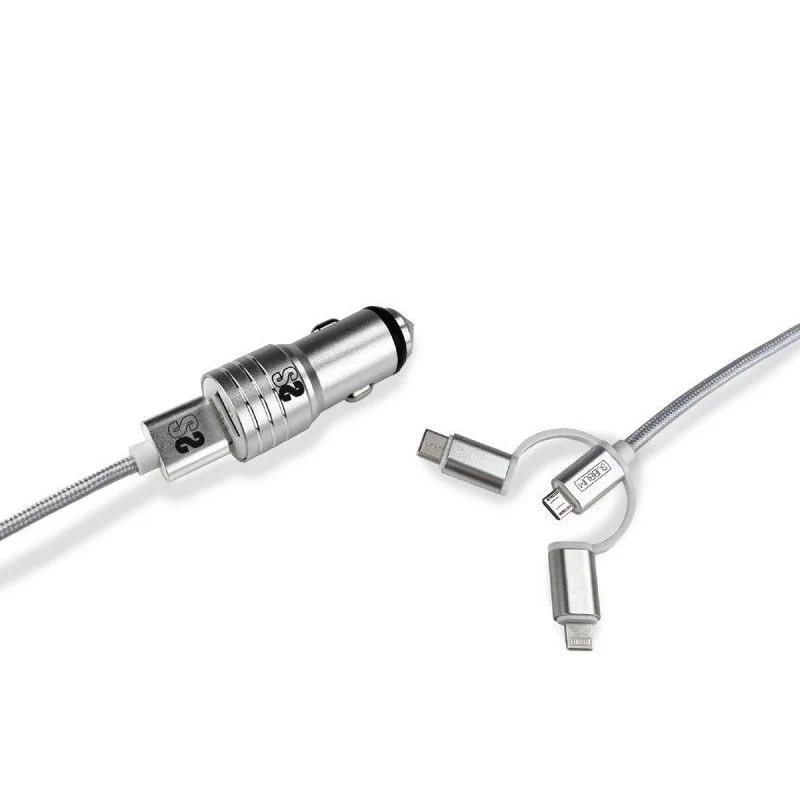 Subblim Cargador de coche doble USB - Longitud 1m - Carga rápida hasta 2.400Amp/12W - Exterior de fibra de nailon resistente - Color Plata