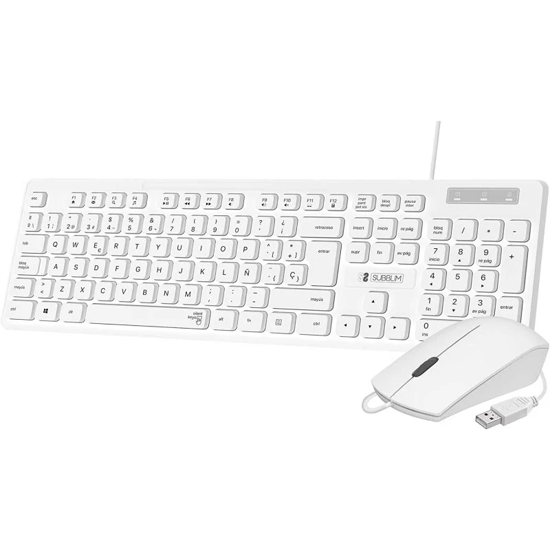 Subblim Combo Business Slim Silencioso - Teclado y ratón - Ergonómico y resistente a salpicaduras - Conector USB Plug & Play - Ratón con precisión de 1200 DPI - Color Blanco