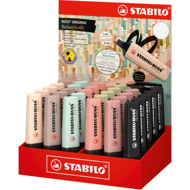 Stabilo Boss Naturecolors Expositor de 30 Marcadores - Trazo entre 2 y 5mm - Tinta con Base de Agua - Colores Siena, Beige, Ocre Oscuro, Gris Calido, Verde Barro, Verde Tierra y Negro