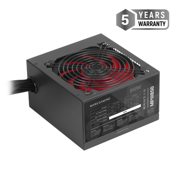 Mars Gaming MPIII850 Fuente de Alimentacion 850W ATX - Silencio Absoluto - Eficiencia Profesional - Diseño de Cables Optimizado - Empaquetado de Alta Proteccion EPE - Ventilador 120mm - Color Negro