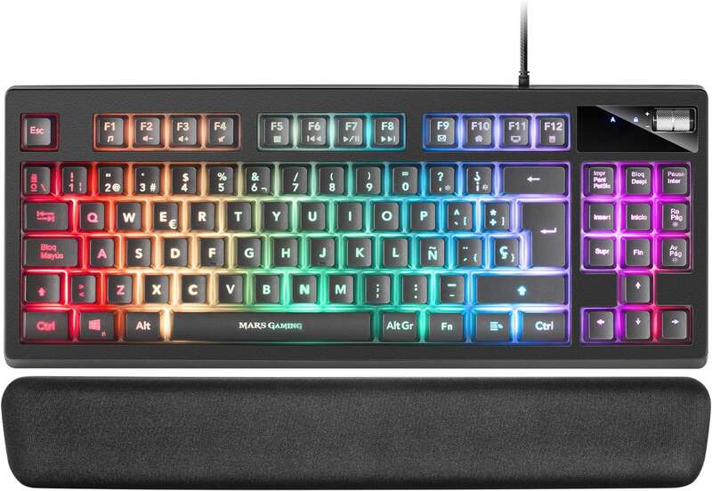 Mars Gaming Teclado Gaming MKAX RGB Control - Compacto TKL - Pulsacion H-Mech - 9 Efectos RGB - Boton Roller Volumen - Reposamuñ
