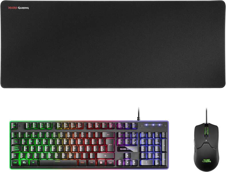 Mars Gaming Pack Premium 3 en 1 Teclado hibrido H-MECH, Raton Ultra Ligero 10K y Alfombrilla XXL - Compatibilidad Universal - Tecnologia H-MECH - Iluminacion FRGB Rainbow - Sensor Optico 10000 DPI - Switches Mecanicos KAILH - Color Negro