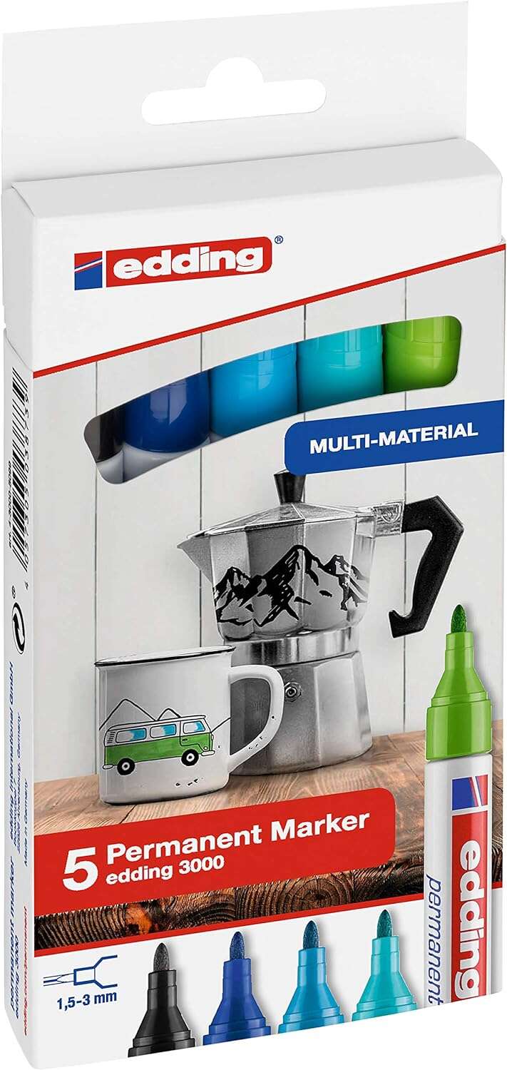 Edding 3000 Pack de 5 Rotuladores Permanentes Colores Frios - Punta Redonda de 1.5mm - Trazo entre 1.5 y 3mm - Recargable - Secado Rapido - Colores Surtidos