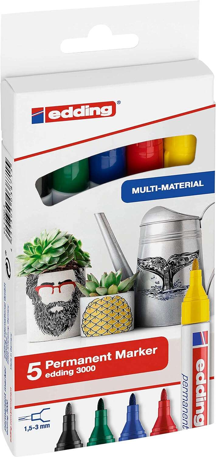 Edding 3000 Pack de 5 Rotuladores Permanentes - Punta Redonda de 1.5mm - Trazo entre 1.5 y 3mm - Recargable - Secado Rapido - Color Surtidos