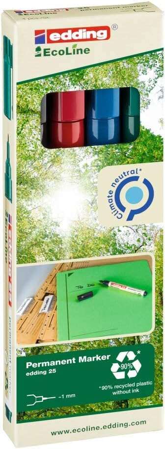 Edding 25 EcoLine Pack de 4 Rotuladores Permanentes - Punta Redonda Fina - Trazo 1mm - 90% de Plastico Reciclado - Colores Surtidos