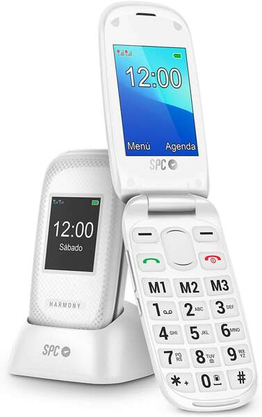 SPC Telefono Movil para Mayores con Botones Grandes - Tapa y Botones Retroiluminados - Boton SOS y Botones de Marcacion Directa - Control Remoto Mediante SMS - Doble Pantalla, Base de Carga y Conectividad - Color Blanco