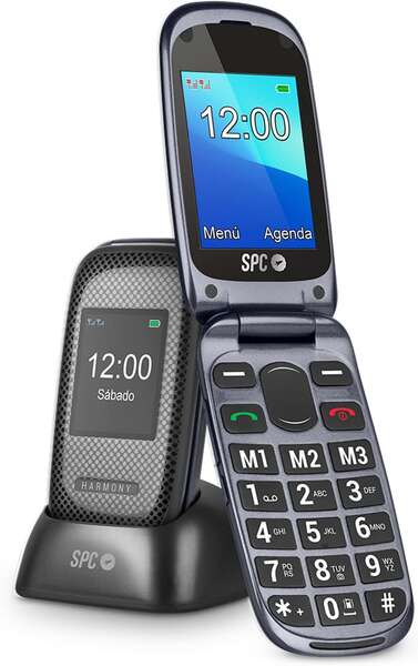 SPC Telefono Movil para Mayores con Botones Grandes - Tapa y Botones Retroiluminados - Boton SOS y Botones de Marcacion Directa - Control Remoto Mediante SMS - Doble Pantalla, Base de Carga y Conectividad - Color Negro