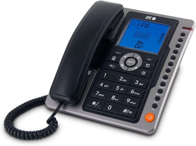 SPC Telefono Fijo Office Pro - Pantalla Iluminada Azul - Teclas Grandes - Memorias Directas - Manos Libres - Identificador de Llamadas - Funciones de Oficina - Diseño Elegante - Color Negro