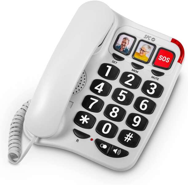 SPC Telefono Fijo para Personas Mayores - Teclas XXL - Llamadas con una Sola Pulsacion - Volumen de Timbre de 93Db - Compatible con Audifonos - sin Pilas ni Conexion a la Luz - Color Blanco