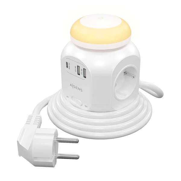 Aisens Regleta de Enchufes Sobremesa Multifuncion con 4 Tomas + 1xUSB-C 20W PD3.0 - 2xUSB-A 18W QC3.0 - Luz Nocturna - 1.8m - Color Blanco