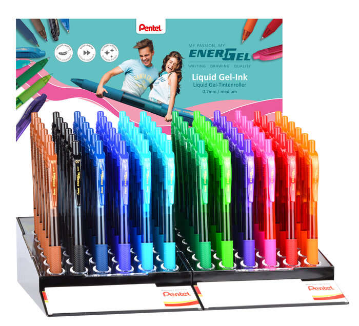 Pentel EnerGel X Expositor de 72 Boligrafos de Bola Retractiles Tinta Gel - Punta 0.7mm - Trazo 0.35mm - Recargable - Grip de Agarre - 50% de Materiales Reciclados - Colores Surtidos