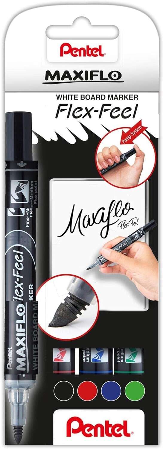 Pentel Maxiflo Flex-Feel Pack de 4 Rotuladores para Pizarra Blanca - Punta Flexible 4.6mm - Dosificacion de Tinta mediante Embolo - Colores Negro, Azul, Rojo y Verde