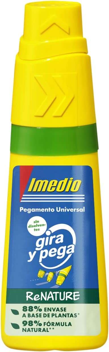 Imedio Gira y Pega Renature Pegamento Universal Sin Disolventes 35ml - Aplicador Giratorio 3 Posiciones - Envase 88% de Origen Vegetal