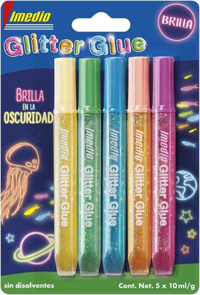 Imedio Glitter Glue "Brilla en la Oscuridad" Pack de 5 Tubos de Pegamento con Brillantina 10ml - Brilla en la Oscuridad - Para Distintos Materiales - Tubo Extrablando - Boquilla de Precision - Sin Disolventes - Colores Surtidos