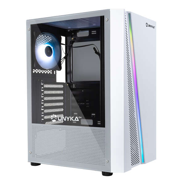 Unykach Glayze Caja Torre ATX - Iluminacion ARGB - Lateral Cristal Templado - USB-A 2.0/3.2 y Audio - 1 Ventilador 120mm RGB Instalado - Color Blanco