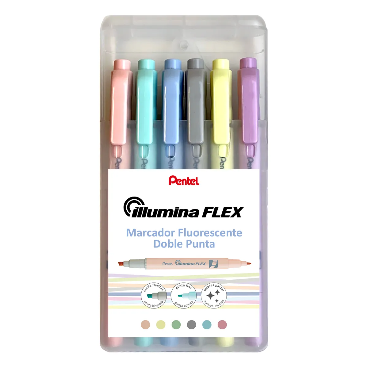 Pentel Illumina Flex Pack de 6 Marcadores Fluorescentes Doble Punta - Biselada Trazo entre 1.5 a 3.5mm - Conica Trazo 1mm - Colores  Amarillo, Gris, Melocoton, Violeta, Verde Turquesa y Azul