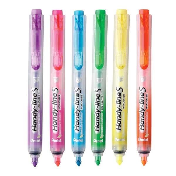 Pentel Handy Line S Pack de 6 Marcadores Fluorescentes Retractiles - Tinta Liquida - Trazo de 1.6 a 3mm - Formato Fino con Clip - Colores  Amarillo, Naranja, Fucsia, Violeta, Verde y Azul