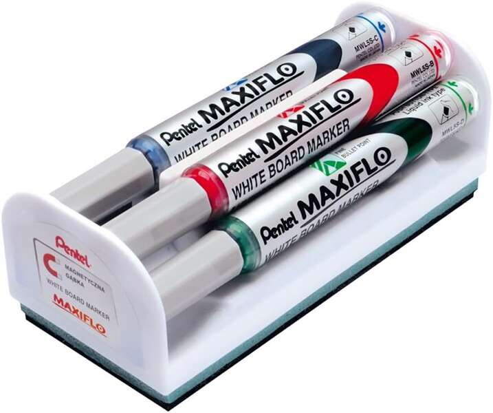 Pentel Maxiflo Pack de 4 Rotuladores para Pizarra Blanca + Borrador Magnetico - Punta de Bala - Ancho de Linea 2mm - Regulacion del Flujo de Tinta - Colores Negro, Azul, Rojo y Verde