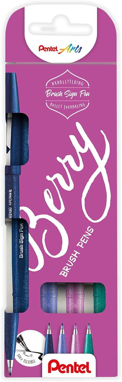 Pentel Brush Sing Pen Berry Pack de 4 Rotuladores con Punta de Pincel - Lineas Finas o Gruesas dependiendo de la Presion - Fabricados con 81% de Plasticos Recicldos - Colores Azul Marino, Azul Violeta, Rosa Violeta y Verde Turquesa