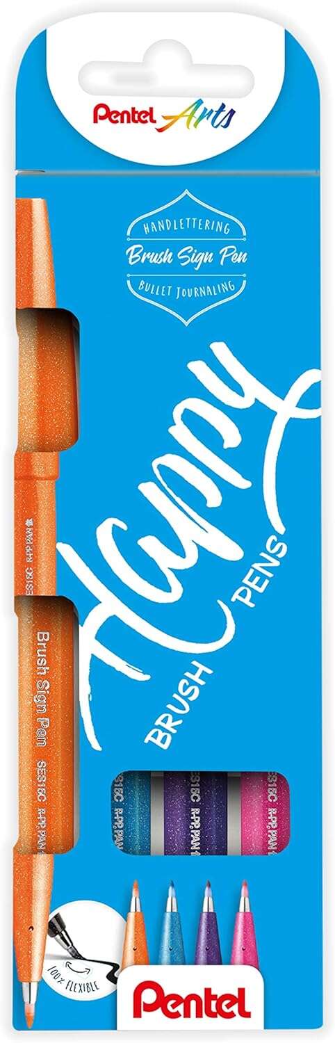 Pentel Brush Sing Pen Happy Pack de 4 Rotuladores con Punta de Pincel - Lineas Finas o Gruesas dependiendo de la Presion - Fabricados con 81% de Plasticos Recicldos - Colores Azul Cielo, Naranja, Violeta y Rosa