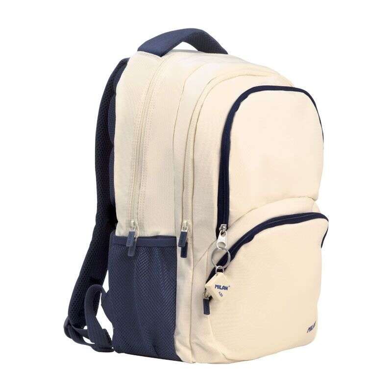 Milan Serie 1918 Mochila Escolar 25L - 3 Bolsillos Delanteros + 2 Bolsillos Laterales - Asas Regulables y Acolchadas - Tamaño 46,5x30x17cm - Color Beige/Azul Oscuro