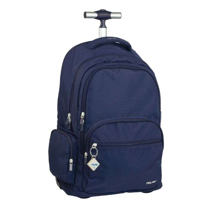 Milan Serie 1918 Mochila Escolar 25L con Carro Integrado y Mango Metalico Retractil - 3 Bolsillos Delanteros + 2 Bolsillos Laterales - Tamaño 46,5x30x17cm - Color Azul Oscuro