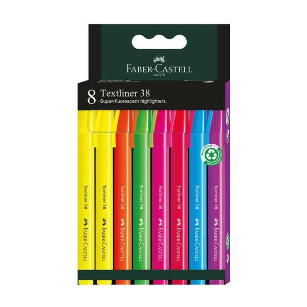 Faber-Castell Textliner 38 Pack de 8 Marcadores Fluorescentes - Cuerpo Fino - Punta Biselada - Trazo Grueso y Fino - Tinta con Base de Agua - Colores Surtidos