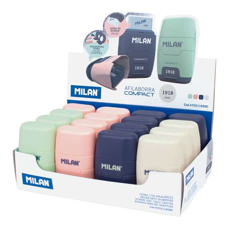 Milan Compact Serie 1918 Expositor de 16 Afilaborras Compact con Goma de Borrar - Sacapuntas Doble - Cuchilla de Seguridad - Colores Beige, Azul, Rosa y Verde