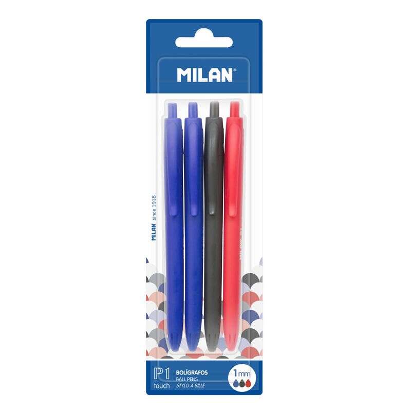 Milan P1 Touch Pack de 4 Boligrafos de Bola Retractiles - Punta Redonda 1mm - Tinta con Base de Aceite - Escritura Suave - 1.200m de Escritura - Color Azul x2, Negro y Rojo