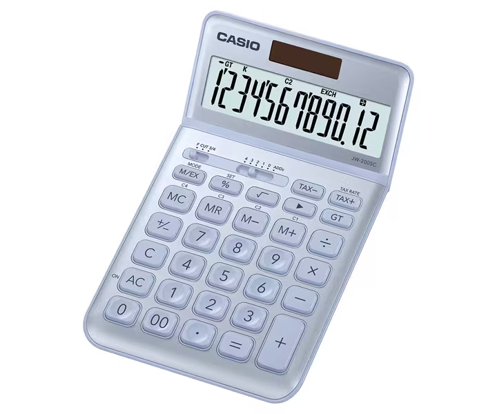 Casio JW-200SC Calculadora de Sobremesa 12 Digitos Inclinacion Ajustable - Simbolos de Comando de Funcion - Memoria Total General e Independiente - Alimentacion Solar y Pilas - Color Azul Claro
