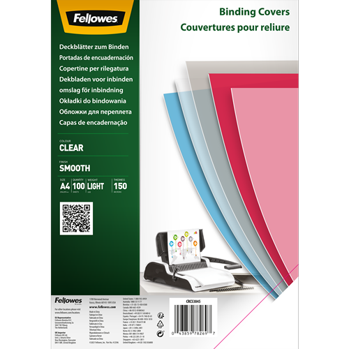 Fellowes Pack de 100 Portadas de Polietileno Transparentes para Documentos A4 - Grosor 150 Micras - Utilizables en Encuadernadoras de Espiral o Canutillo