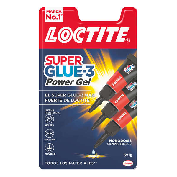 Loctite Superglue-3 Monodosis Power Gel 3x1g - Adhesivo Instantaneo Flexible y Extrafuerte - Formula en Gel Enriquecida con Particulas de Caucho - Resistente a Golpes. Torsiones y Vibraciones - Multimaterial