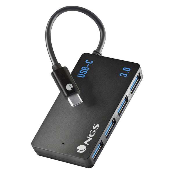 NGS Hub USB-C de Cuatro Puertos USB 3.0 - Tamaño Compacto - Alta Velocidad de Transmision - Compatible con Mac Tablets y Pc/Portatiles - Color Negro