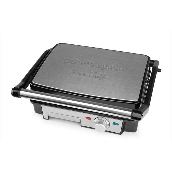 Orbegozo 4570 Grill Multifuncional - Cocina sin Aceite con Potencia de 2200W - Superficie Antiadherente y Placas Abatibles 180º - Termostato Regulable y Bandeja Recoge Salsas