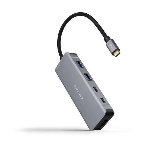 Nanocable HUB USB-C 6 en 1 - Conversor USB-C 3.2 GEN1 5G a 2 x USB-A + 2 x USB-C + HDMI + USB-C PD 100W - Aluminio - 15 cm - Color Gris