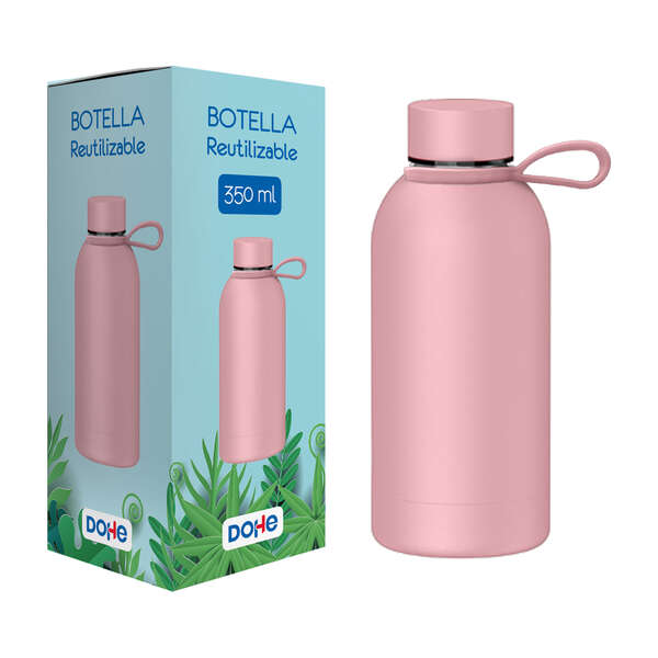 Dohe Botella Reutilizable 350ml - Acero Inoxidable de Doble Pared - Libre de BPA - Tapon Hermetico Antigoteo de Acero Inoxidable - Recubierta de Caucho - Color Rosa